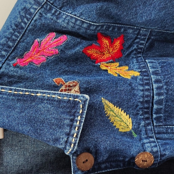 Vintage Passport Fall Leaf Themed Jean Jacket Size L Button Up Embroidery Cotton - Picture 5 of 7